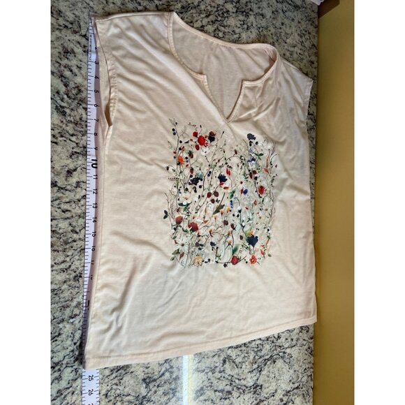 Womens T-Shirt L Floral Print Beige Cap Sleeve V-Neck Lagenlook Cottagecore - Picture 6 of 6